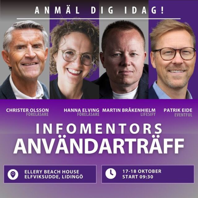 Nu börjar vi succesivt presentationerna av våra externa föreläsare till årets Användarträff på Ellery Beach House den 17-18/10. 

Har du inte anmält dig ännu? Passa då på och gör det då trycket är stort, platserna begränsade och agendan fullspäckad! 
Välkommen med din anmälan: 
https://www.infomentor.se/om-oss/anvandartraff-2023/

Varmt välkomna :)
.
.
.
.
#InfoMentorSverige #Användarträff2023 #Lärplattform #EdTech #AllaEleverSkaNåMålen #ChristerOlsson #HannaElving #Lifesify #Eventful